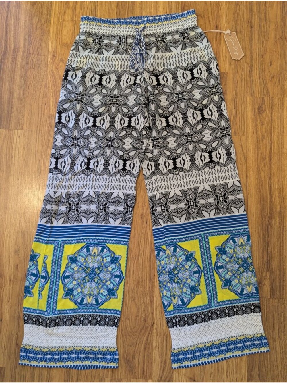 Green Dragon XS Womens Boho Printed Wide-Leg Pants Cotton Blend Elastic Waist Dr